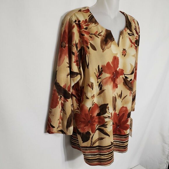 Alfred Dunner Womens Top Small Floral 3/4 Sleeve Embellished Striped Split V Nec - Picture 5 of 10